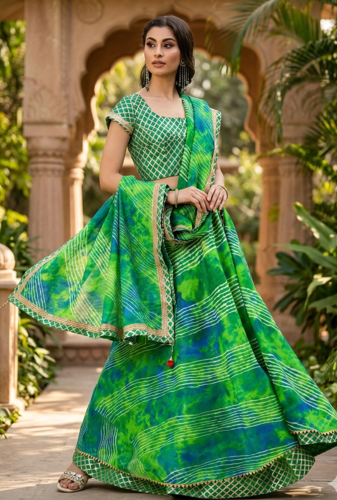 Green Hand Dyed Kota Silk Stitched Lehenga With Dupatta