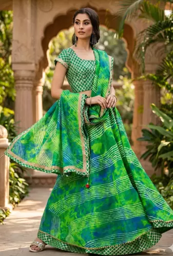 Green Hand Dyed Kota Silk Stitched Lehenga With Dupatta