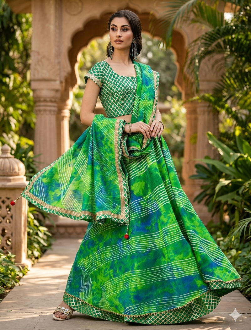 Green Hand Dyed Kota Silk Stitched Lehenga With Dupatta