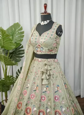 Light Green Embroidered Thread & Sequins Crush Silk Lehenga Choli with Dupatta 4