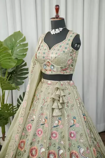 Light Green Embroidered Thread & Sequins Crush Silk Lehenga Choli with Dupatta