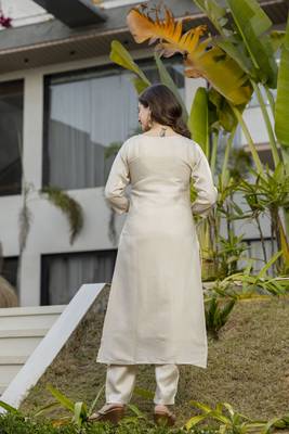 Cream women viscose shimmer embroidered kurti with viscose shimmer bottom and lagdi patta printed dupatta set 2