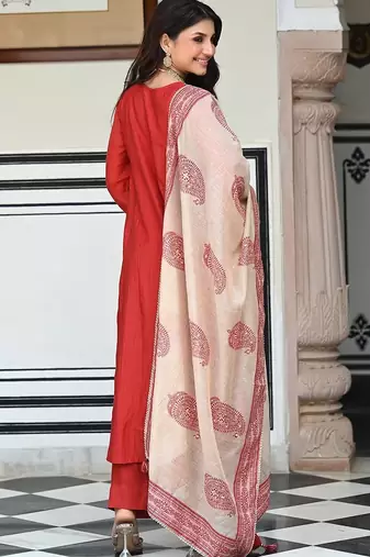 Orange women viscose embroidered kurta with viscose bottom and chanderi print dupatta set