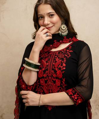 Black women georgette embroidered kurta with embroidered bottom and georgette dupatta set 4