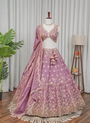 Mauve Zari & Sequins Embroidered Shimmer Lehenga Choli with Dupatta 1