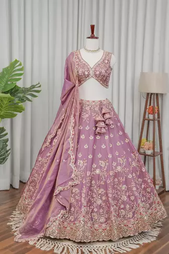 Mauve Zari & Sequins Embroidered Shimmer Lehenga Choli with Dupatta