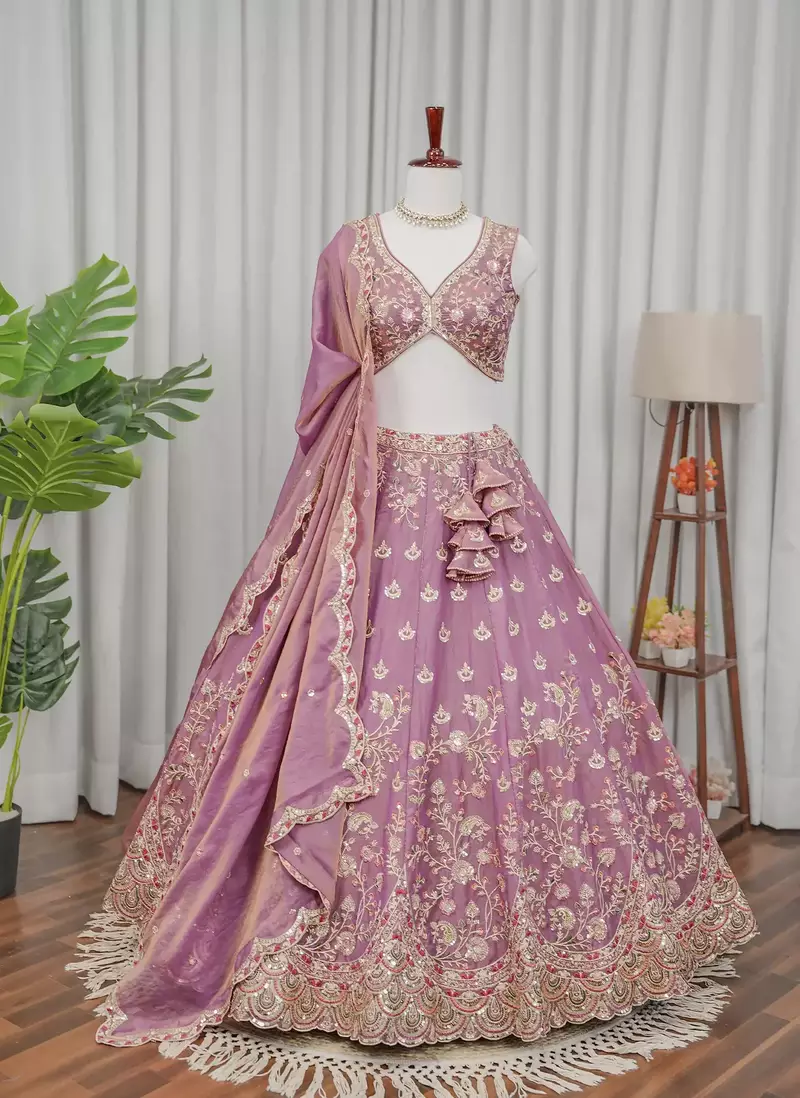 Mauve Zari & Sequins Embroidered Shimmer Lehenga Choli with Dupatta