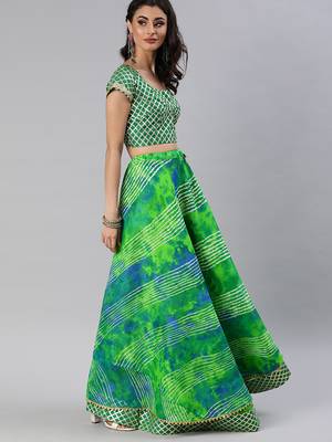 green silk lehenga with printed and lace work 3