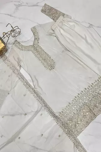 White women pure chinon silk embroidered kurta with heavy silk pant and embroidered dupatta set ready to wear