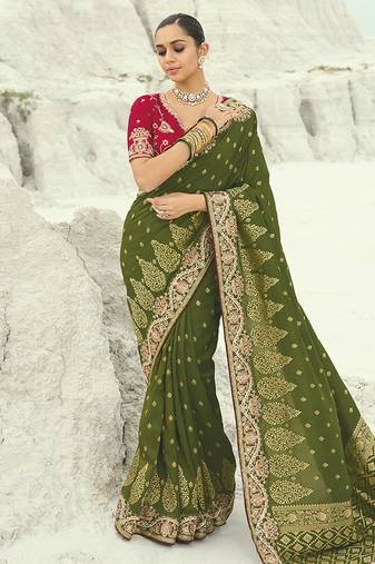 Viscose embroidered mehendi green saree