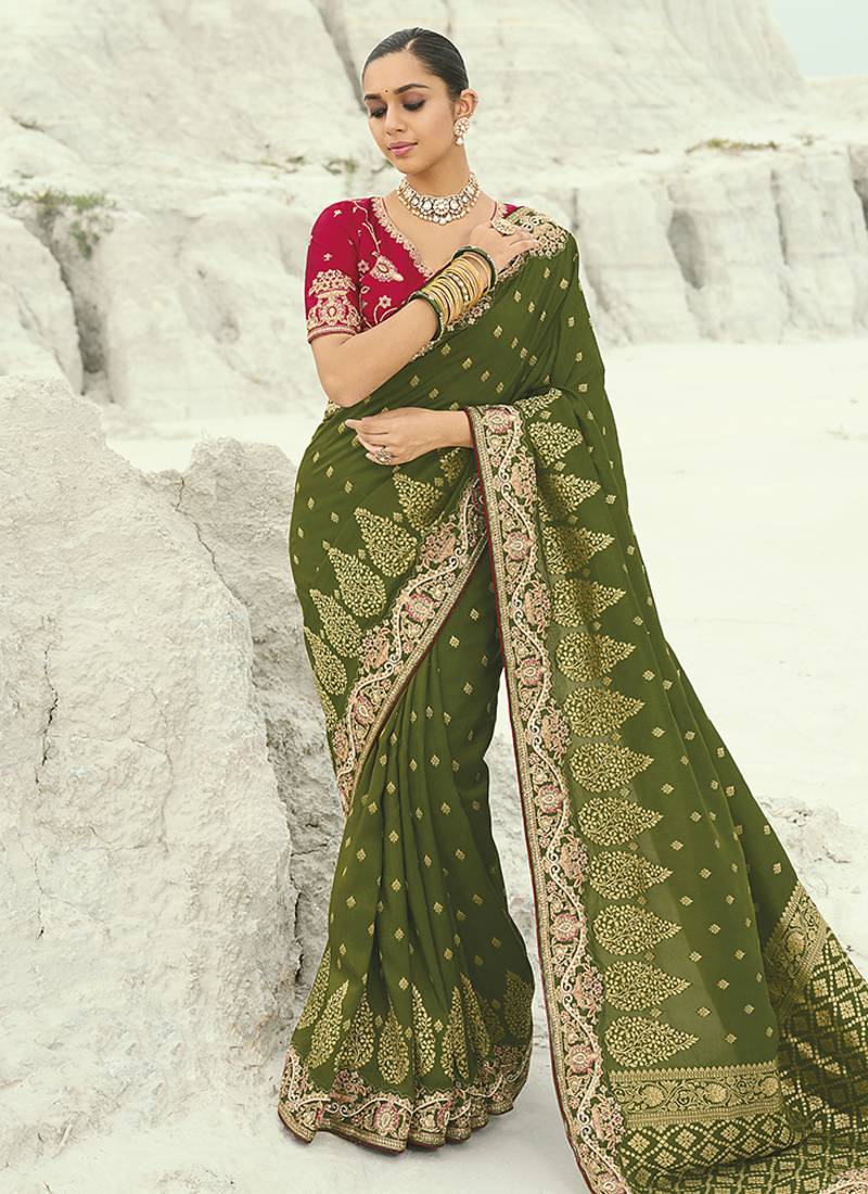 Viscose embroidered mehendi green saree
