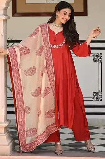 Orange women viscose embroidered kurta with viscose bottom and chanderi print dupatta set
