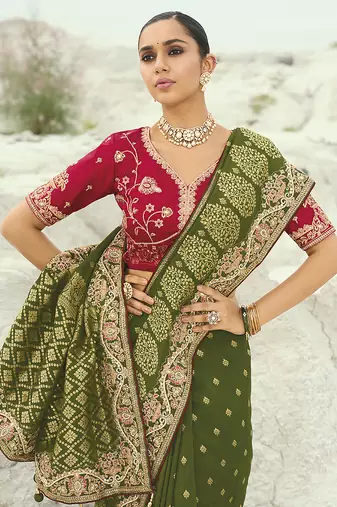 mehendi viscose saree with embroidered work