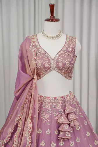 Mauve Zari & Sequins Embroidered Shimmer Lehenga Choli with Dupatta