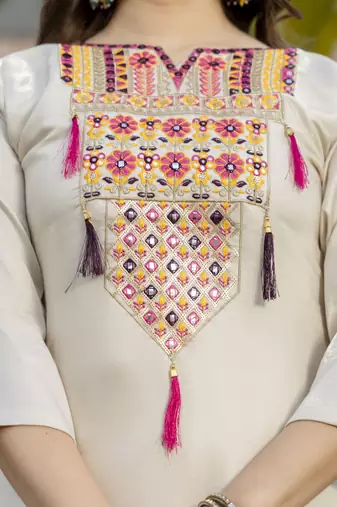 Cream women viscose shimmer embroidered kurti with viscose shimmer bottom and lagdi patta printed dupatta set