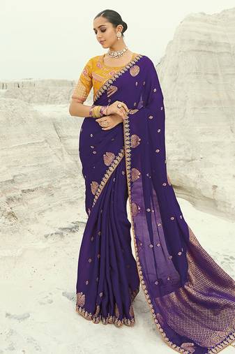 Organza viscose satin embroidered purple saree