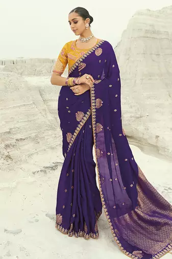 Organza viscose satin embroidered purple saree