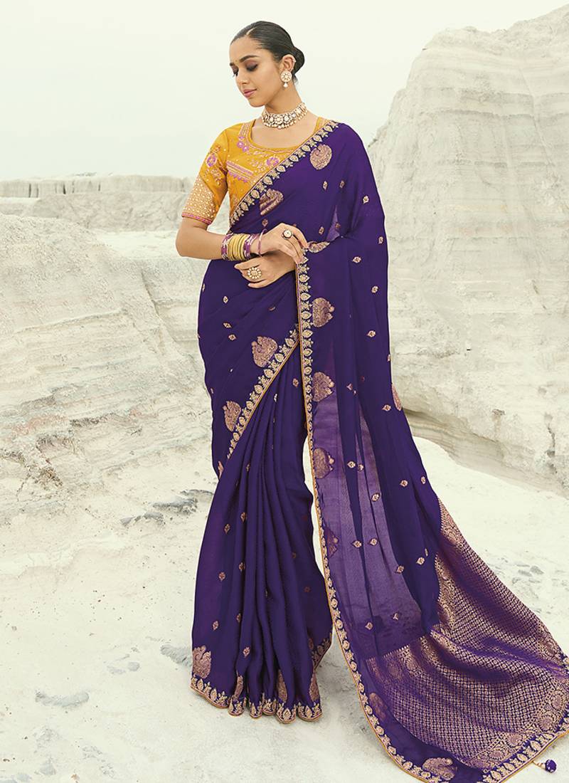 Organza viscose satin embroidered purple saree