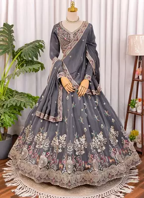 Grey Zari & Sequins Embroidered Natural Crepe Lehenga Choli with Dupatta 1