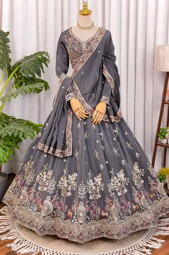 Grey Zari & Sequins Embroidered Natural Crepe Lehenga Choli with Dupatta