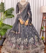 Grey Zari & Sequins Embroidered Natural Crepe Lehenga Choli with Dupatta