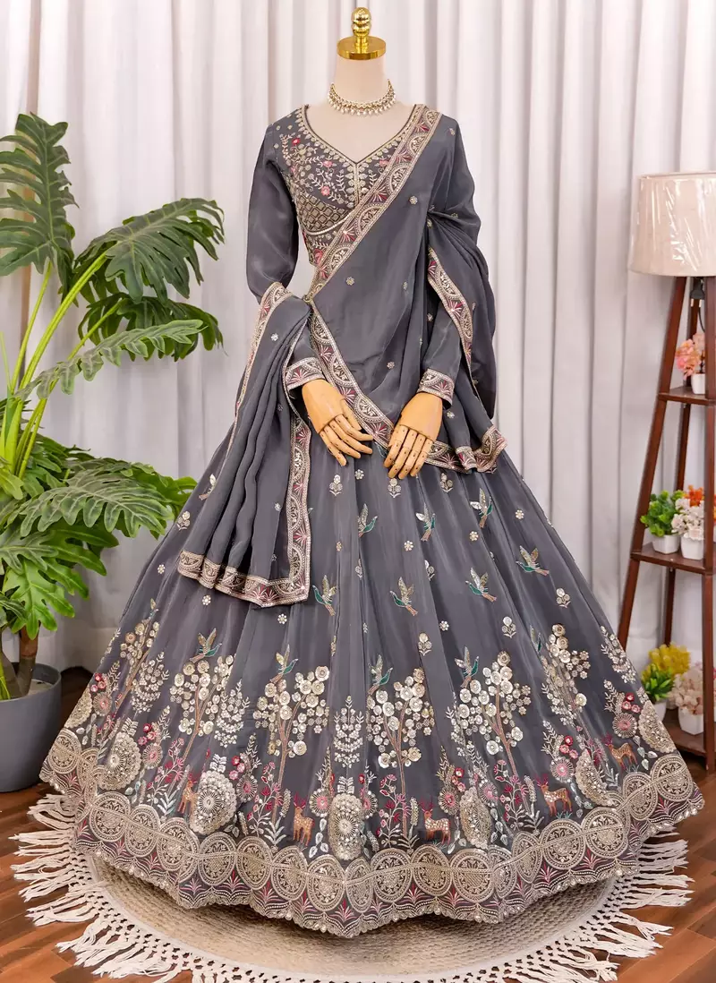 Grey Zari & Sequins Embroidered Natural Crepe Lehenga Choli with Dupatta