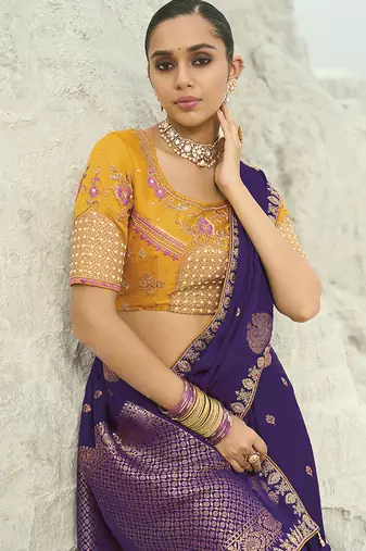 purple viscose saree with embroidered work
