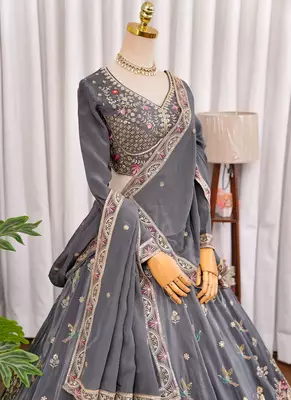 Grey Zari & Sequins Embroidered Natural Crepe Lehenga Choli with Dupatta 2