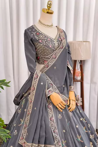 Grey Zari & Sequins Embroidered Natural Crepe Lehenga Choli with Dupatta