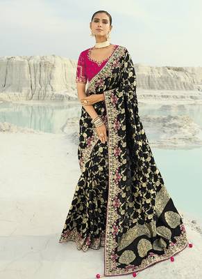black viscose saree with embroidered work 1