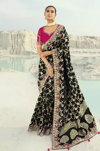 Viscose embroidered black saree