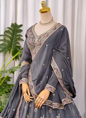 Grey Zari & Sequins Embroidered Natural Crepe Lehenga Choli with Dupatta 3