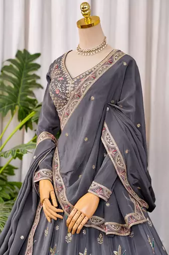 Grey Zari & Sequins Embroidered Natural Crepe Lehenga Choli with Dupatta