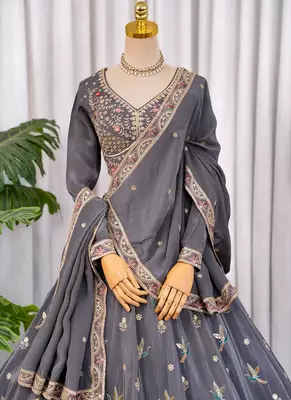 Grey Zari & Sequins Embroidered Natural Crepe Lehenga Choli with Dupatta 4