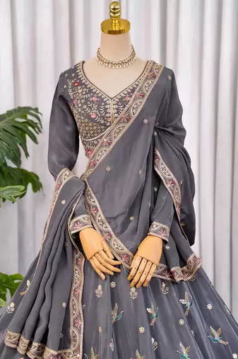 Grey Zari & Sequins Embroidered Natural Crepe Lehenga Choli with Dupatta