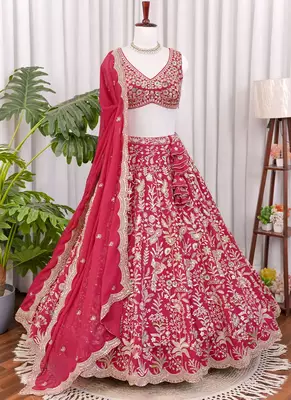Rani Pink Zari & Sequins Embroidered  Georgette Lehenga Choli with Dupatta 1