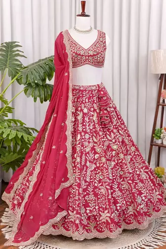 Rani Pink Zari & Sequins Embroidered Fox Georgette Lehenga Choli with Dupatta