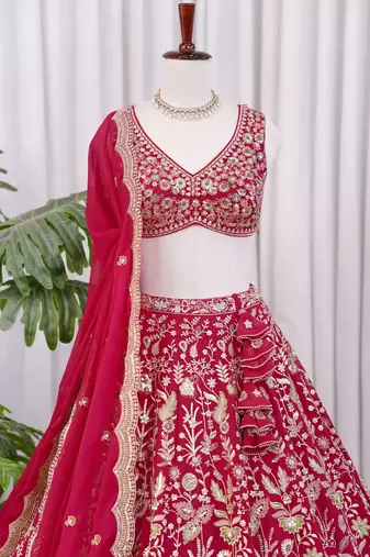 Rani Pink Zari & Sequins Embroidered Fox Georgette Lehenga Choli with Dupatta
