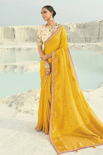 Organza viscose satin embroidered yellow saree