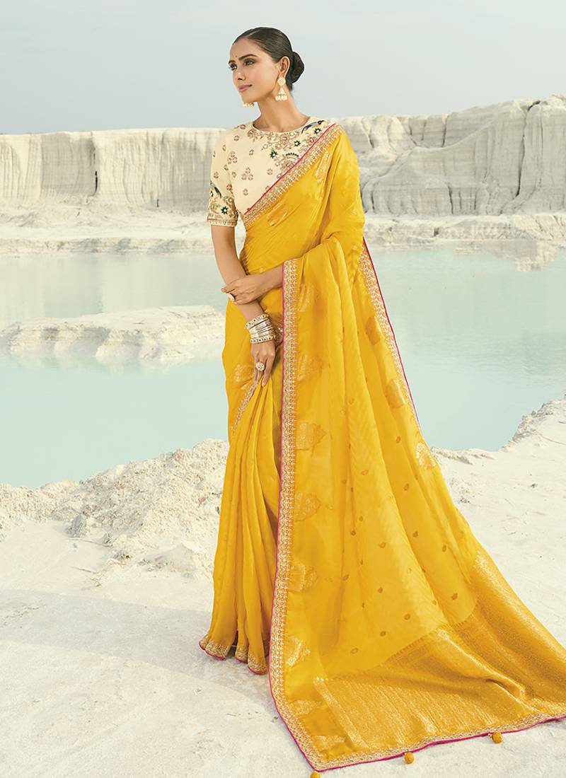 Organza viscose satin embroidered yellow saree