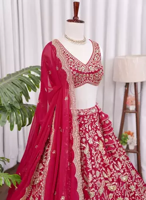 Rani Pink Zari & Sequins Embroidered  Georgette Lehenga Choli with Dupatta 3