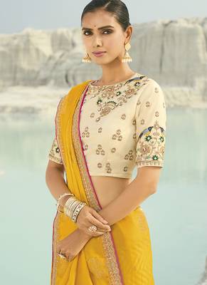 yellow viscose saree with embroidered work 2