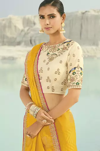 yellow viscose saree with embroidered work