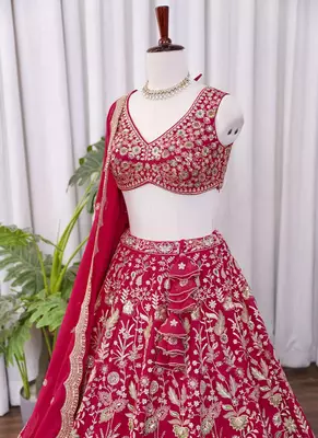 Rani Pink Zari & Sequins Embroidered  Georgette Lehenga Choli with Dupatta 4