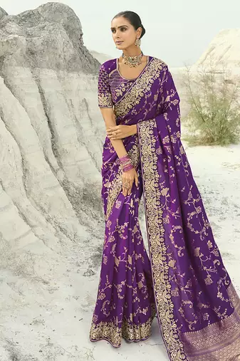 Viscose embroidered dark magenta saree