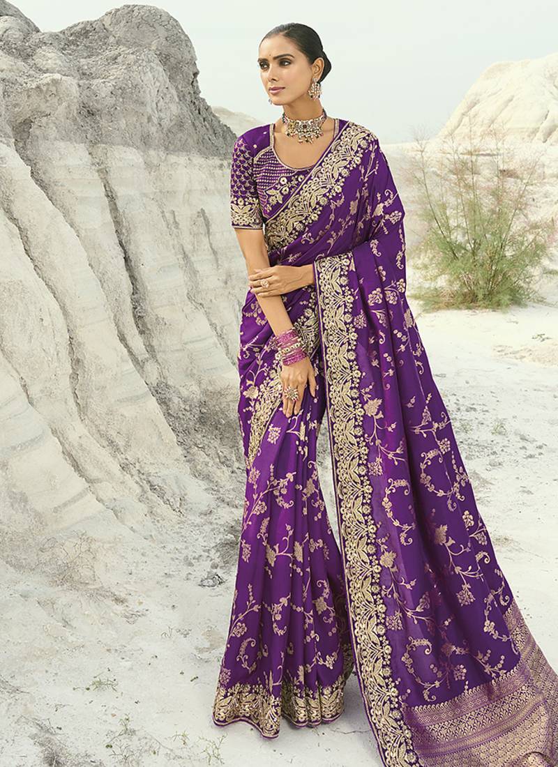 Viscose embroidered dark magenta saree