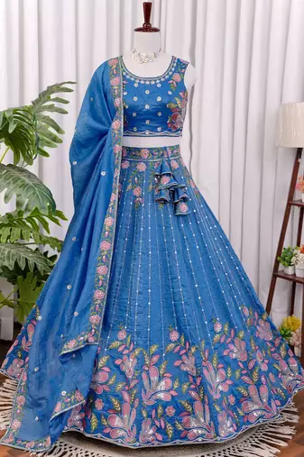 Blue Thread & Zari Embroidered Crush Silk Lehenga Choli with Dupatta