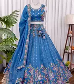 Blue Thread & Zari Embroidered Crush Silk Lehenga Choli with Dupatta