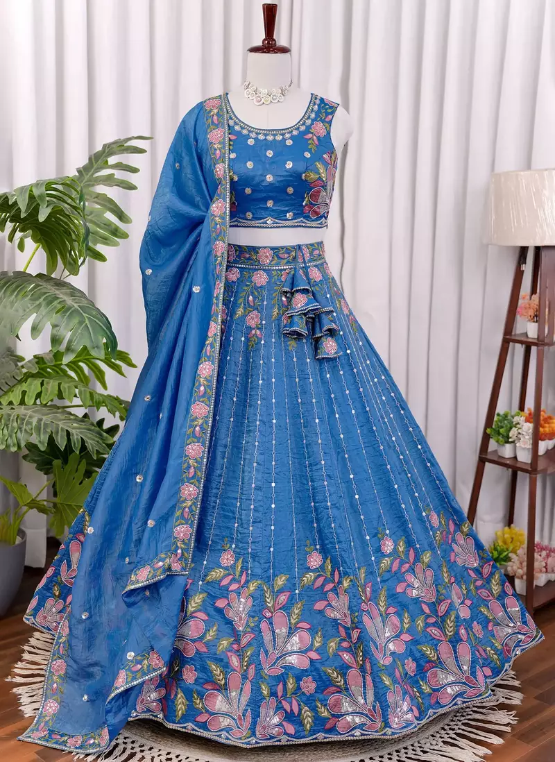 Blue Thread & Zari Embroidered Crush Silk Lehenga Choli with Dupatta