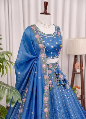 Blue Thread & Zari Embroidered Crush Silk Lehenga Choli with Dupatta 2